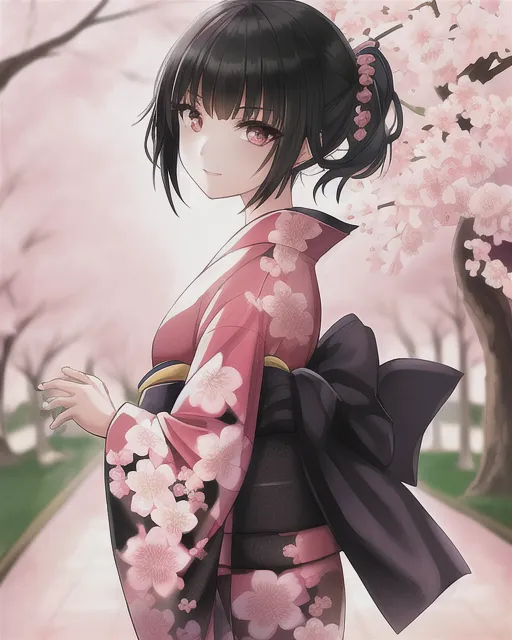 Woman with black hair, pink kimono, cherry blossoms, anime character