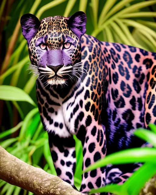 A black leopard with purple spots standing serenely in a tropical, jungle background 