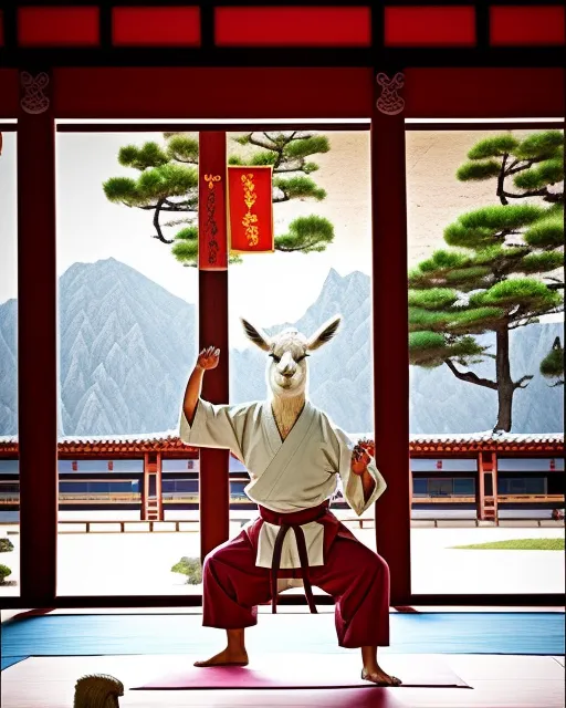 A spiritual llama sensei practicing kung fu in front of a beautiful temple