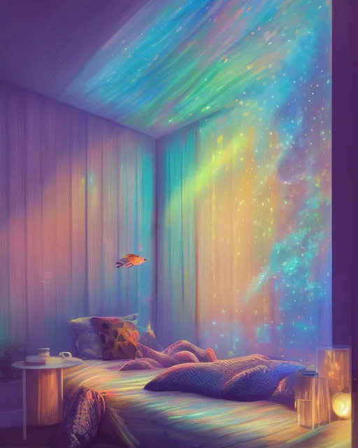 Cosy room big holographic aquarium , - AI Photo Generator - starryai