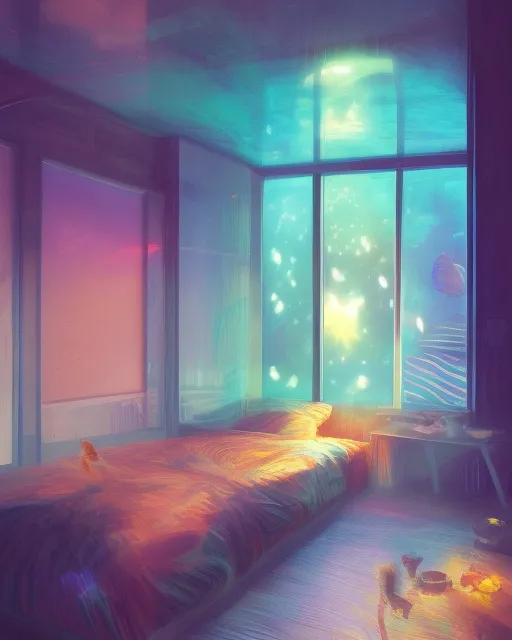 Cosy room with big holographic aquarium , colorful, soft, watercolor, alena aenami, dan mumford, hyperrealism, trending on artstation, radiant, golden hour, ethereal, intricate, deviantart, cryengine, Opal beads, glossy, elaborate, Mandy Jurgens, fantasy art, Laura Sava, portrait photography, hyperrealism, beautiful, galactic, cinematic, polished, photorealistic, flickering light, vibrant