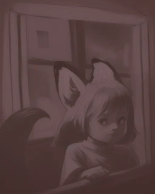 A girl with a fox tail and ears,with a large shirt, looking for the outside across a window 