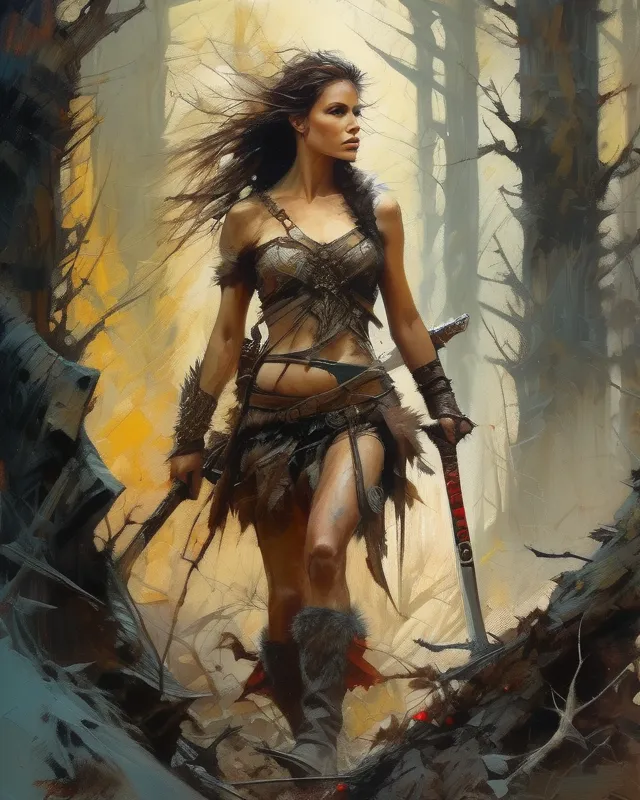 Beautiful warrior woman and a enormous wolf, walking in a forest of twisted forest of thorns, close-up, dark fantasy, intricate details, hyper detailed, Jean Baptiste Monge, Carne Griffiths, Michael Garmash, perfect composition, seb McKinnon, masterpiece 