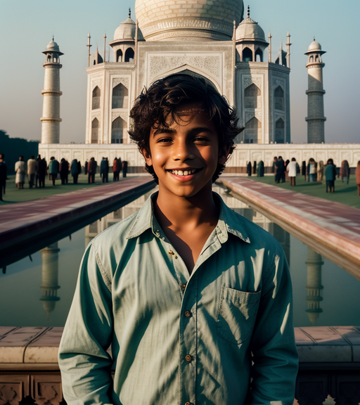 a boy smiling in front of taj mahal with hyper realistic photo beautiful colours