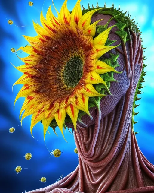 Extremely detailed CGI animation of a angry sunflower with a massive detailed  over exaggerated mouth full of highly detailed shaded sharp teeth, in style of victoria frances and Dale Keown, extremely detailed, powerful, bioluminescence, fantasy art, nvidia ray tracing, hyper detailed, full HD, 8k, extremely high resolution image, Sharp image, Todd McFarlane, movement, full body, hyper realistic 