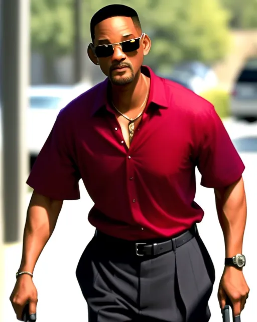 Will Smith wearing dark glasses walking with a blind person cane. Will is wearing a red button up shirt with a white undershirt showing around his neck. He is also wearing straps over his shoulders.