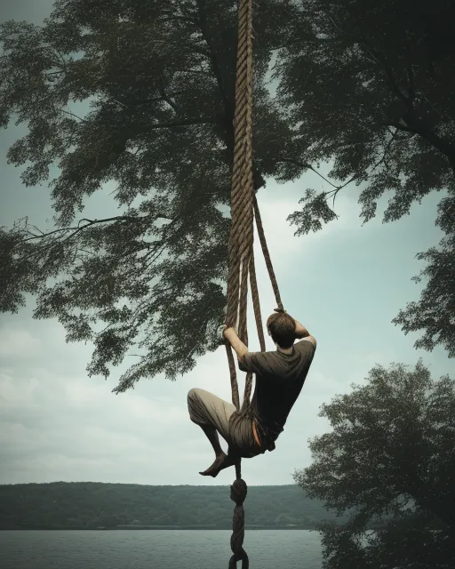 Man hanging from rope - AI Photo Generator - starryai