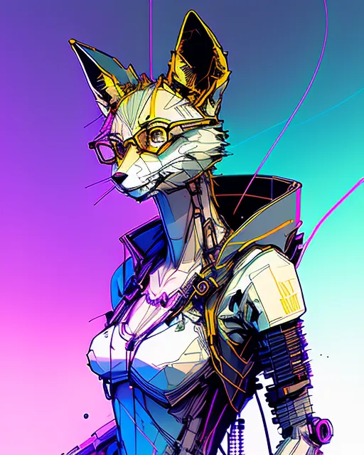 A humanoid Fennec Fox, wearing an electric light blue scarf, wearing steampunk glasses, dystopic, city background, half body, standing position, spaceships on the background, neon lights on the background, realistic, 4k, ultra realistic, UHD, realistic limbs