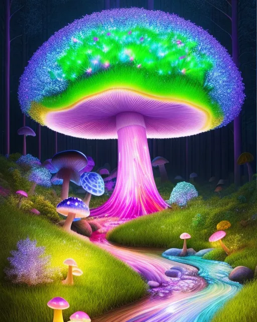 Rainbow colored glowing forest with star river flowing through, glowing mushrooms and crystals, ,  extreme detail,  digital art,  4k,  ultra hd,  detailed,  vibrant,  sharp focus,  wlop,  unreal engine, beautiful fantasy landscape,  realistic and natural,  cosmic sky,  detailed full-color,  nature,  hd photography,  realistic surrealism,  elements by nasa,  magical,  detailed,  gloss,  hyperrealism