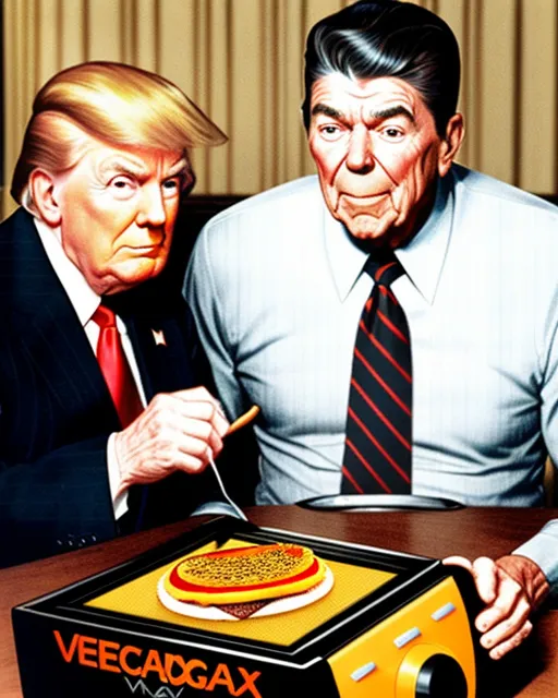 Ronald Reagan playing with a Vectrex and Trump eating a cheeseburger 