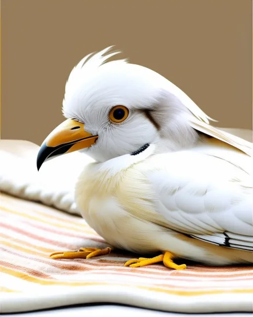 A beautiful white and tan bird laying down on a blanket with it's wings by its side 