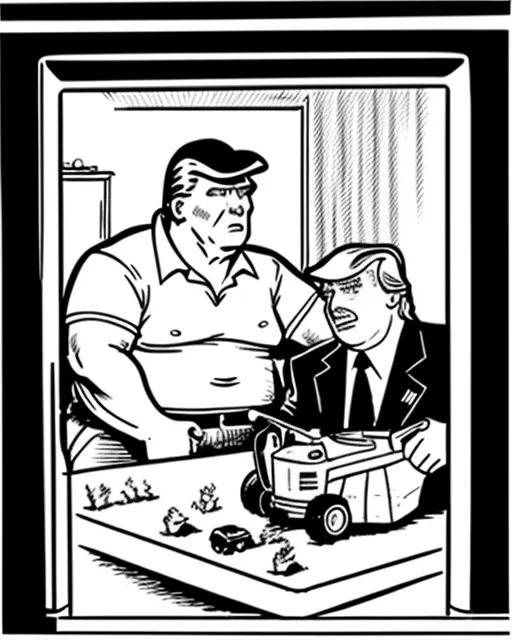 Ronald Reagan playing with a Vectrex with Fat farmer Donald Trump is shirtless on his tractor, he has fallen asleep and his tractor is parked in traffic, detailed face and body, tan lines
Shirt, healthy, slender, good figure, cartoon face, muscular, tan