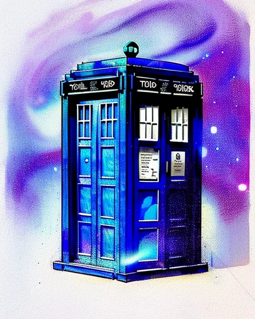 (The TARDIS in the streets of old England with the Doctor standing near it), (the sky resembles "A Starry Night", the TARDIS is lightly colored blue in water paints), Golden Age Pen and Ink Illustraton in the style of Joseph Clement Coll, Franklin Booth, Charles Dana Gibson, , complex, detailed, intricate, meticulous, (watercolor & pen, pen and ink), hyperrealism, hyperdetailed, 