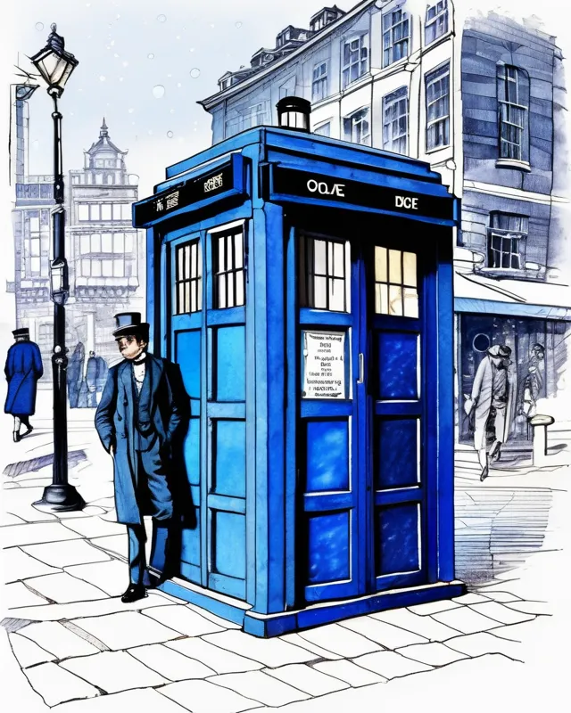 (The TARDIS in the streets of old England with the Doctor standing near it), (the sky resembles "A Starry Night", the TARDIS is lightly colored blue in water paints), Golden Age Pen and Ink Illustraton in the style of Joseph Clement Coll, Franklin Booth, Charles Dana Gibson, , complex, detailed, intricate, meticulous, (watercolor & pen, pen and ink), hyperrealism, hyperdetailed, 