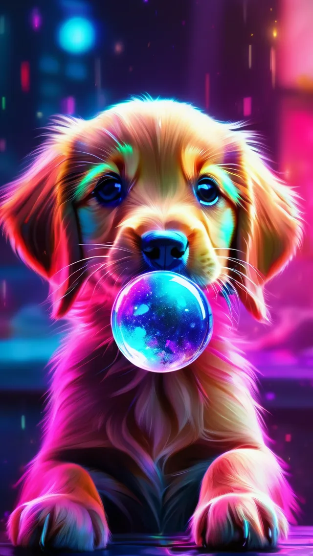 Puppy with tongue out, orb, crystal ball, HD, high resolution, vibrant, glass, colored light, dew, glowing neon, colorful, digital painting,  digital illustration,  extreme detail,  digital art,  4k,  ultra hd