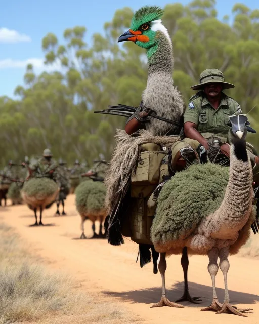 Aboriginals Riding Emu's into Battle - AI Photo Generator - starryai