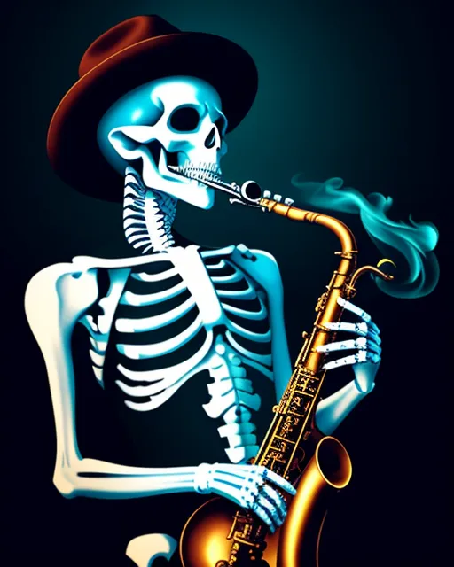 Blues musician skeleton playing saxophone,  thick smokey aura, intricately detailed, highly precise, hyperrealistic, jazz vibes, 8k resolution, cinematic, epic