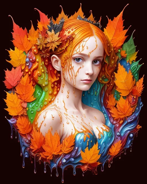 a liquid portrait of a Autumn Princess made of autumn colours, leaves, muscles and movement, charging, splash style of colourful paint, hyperdetailed intricately detailed, fantastical, intricate detail, splash screen, complementary colours, liquid, gooey, slime, splashy, fantasy, concept art, 8k resolution, masterpiece, melting, complex backgrounddark art, digital art, intricate, oil on canvas, masterpiece, expert, insanely detailed, 4k resolution, fairy tale illustration, dramatic