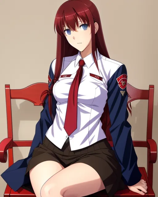 Makise Kurisu, Long Red Hair, White Shirt, Red Tie, Black Shorts, Jacket pulled over shoulders, ((Blue Eyes)), Black Stockings, Nervous expression, Sitting in a chair