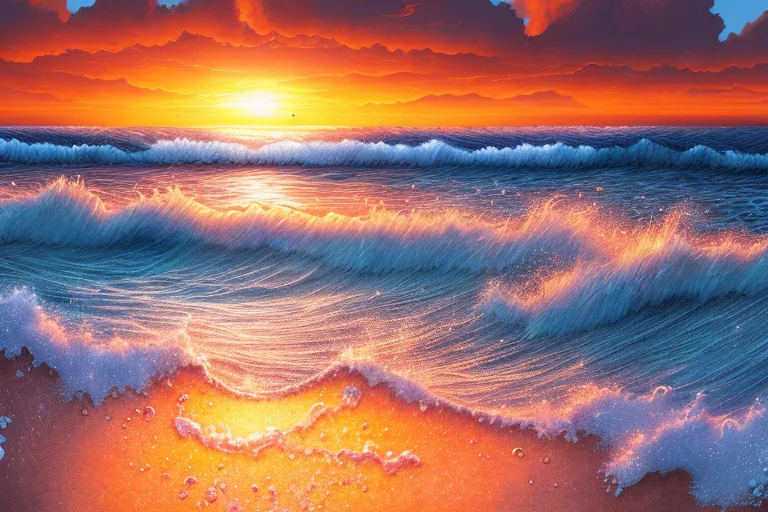 Waves ocean, sand on beach, sunset, - AI Photo Generator - starryai
