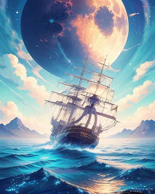 Wallpaper Moon, art, cats, kittens, sailing, anime creatures for mobile and  desktop, section ии арт, resolution 1920x1080 - download