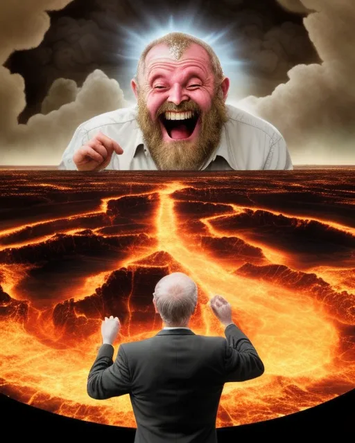 God laughing at a picture of Hell on earth.