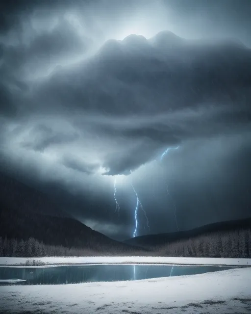 Snowy forest in a thunder storm