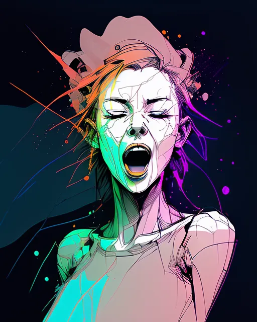 Woman screaming with eyes closed right and head exploding, manic, colors, hyperrealism, psychedelic, glowing neon, synesthesia, vibrant