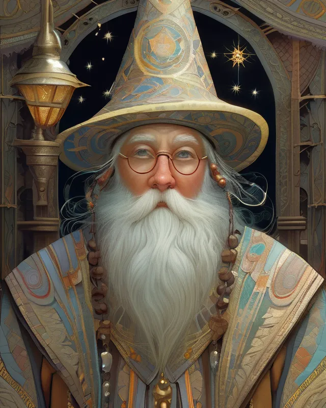 A Remarkable bearded wizard Character, by Daniel Merriam, Detailed, High Quality, Sharp Focus