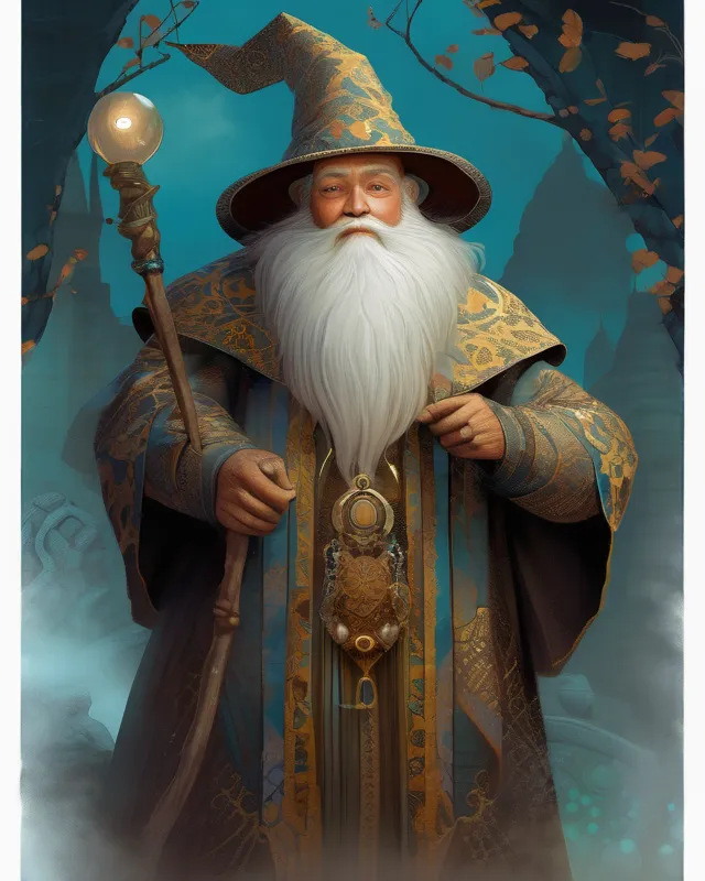 A Remarkable bearded wizard Character, by Daniel Merriam, Detailed, High Quality, Sharp Focus