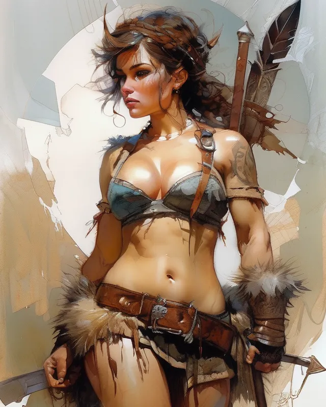 Curvy barbarian, full body, perfect body, embarrassed expression, blushing soft round face, short hair, intricate details, hyper detailed, Jean Baptiste Monge, Carne Griffiths, Michael Garmash, seb mckinnon