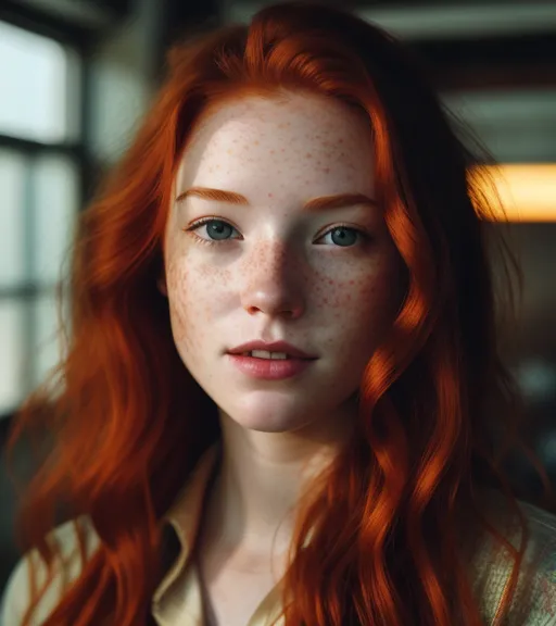 Gorgeous amber eyes, redhead looking at the camera, smiling with long wavy hair, freckles, and amber eyes