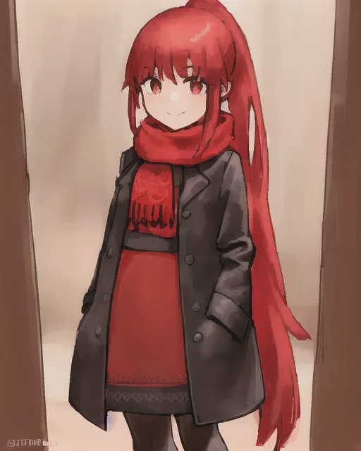 ((A girl "standing")), she is wearing: ("red embroidered wool dress"), ("black scarf"), ("leggings"). She has "red" hair "ponytail" , "smile"