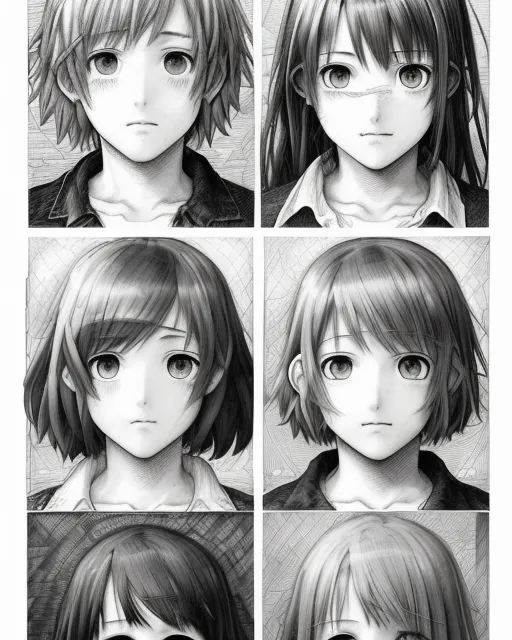 ((portraits)) (((4 male faces on top))) ((((4 female faces on bottom)))) unique, detailed, hyperdetailed, ballpoint pen art, anime, detailed, vibrant, sharp focus, landscape, black and white color, manga style, simplified ink drawing