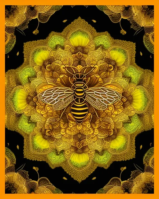 A captivating honeybee-themed mandala against a black background. The intricate patterns feature symmetrical hexagonal shapes that form a mesmerizing honeycomb. Additional layers of complexity are added to the mandala design by incorporating intricate filigree patterns, delicate swirls, and detailed floral elements. The vibrant color palette includes shades of electric yellow, fiery orange, and deep magenta, adding energy and excitement to the design. The mandala also incorporates honeybees, leaves, and butterflies, evoking a deep connection with the natural world.