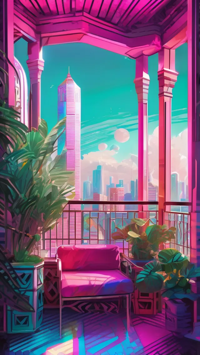 A futuristic balcony lounge in Moroccan architecture balcony skyscraper, green splotchy plants, Colored pencil texture, digital painting, brushstrokes, purple fuchsia pink fluorescent teal, digital paintbrush strokes, splotchy, sketch aesthetic, layered halftone dots, gritty, (((intricate hatching))) shadows, (((color blocking))), (((rough concept art))), high saturated colors, ((opaque coloring)), by artgerm, dent wu, dan mumford, beeple, wlop, rossdraws, james jean, marc simonetti, artstation giuseppe dangelico pino and michael garmash and rob rey and greg manches