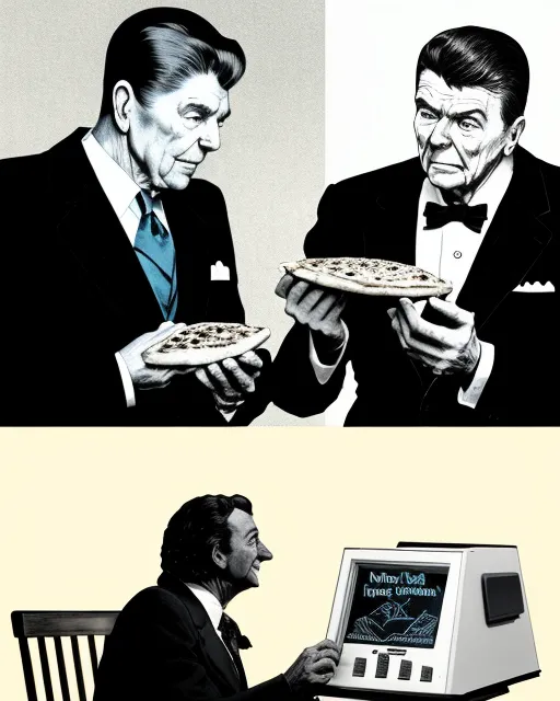 Ronald Reagan playing with a Vectrex and Edgar Allen Poe enjoying a slice of pizza