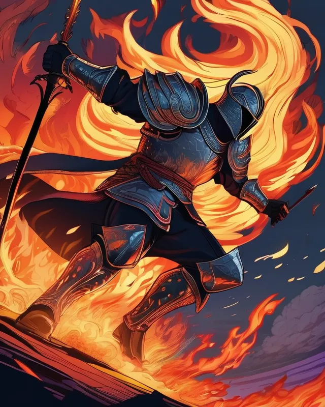 A flaming knight charging into - Free AI Photo Generator - starryai