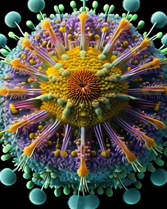 A electron microscope picture of a unknown virus, , hyper detailed, nvdia ray tracing, deviantart, radiant, hyperrealism,  colorful, complicated, eerie, whimsical 