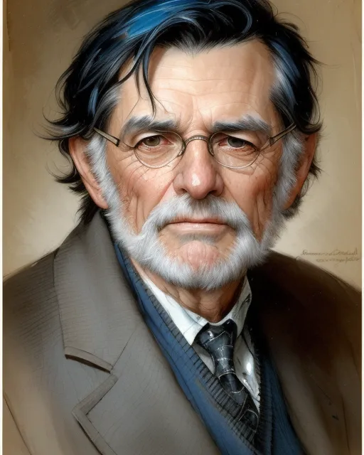 Retired man teacher with gray black hair and blue  intelligent eyes, realistic face, close-up, intricate details, hyper detailed, Jean Baptiste Monge, Michael Garmash, seb mckinnon
