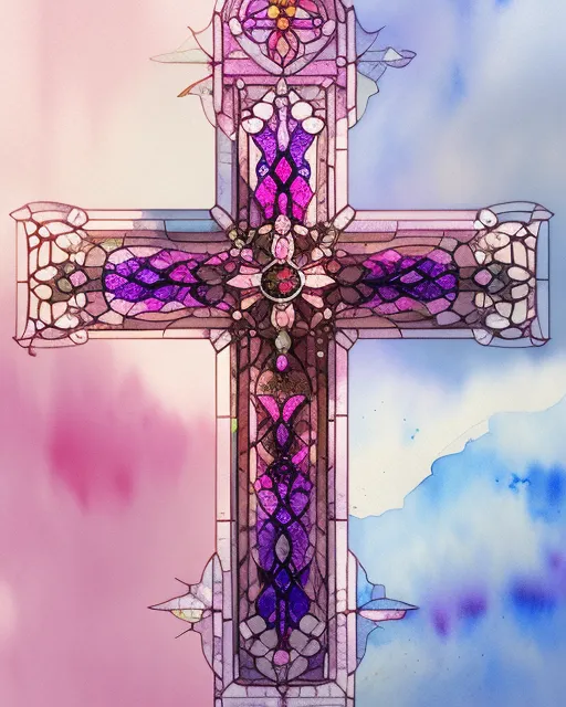 Stain glass cross. Pink, purple and blue colors. Elaborate colors. High definition, high detail., watercolor