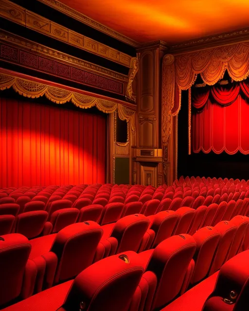 (( an old theater hall )) beautiful, retro, colorful, serene, lights, crepuscule, red curtains, red seats, magical, gloss, pristine, twilight, ethereal, elegant {ultra HD, POV, realistic and natural, detailed full-color, extreme detail, 8k, unreal engine, concept art, a perfect composition} a masterpiece by David A. Hardy, John Stephens and Lawrence Harris, glowing neon