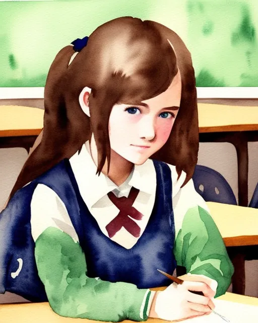 cute teenage school girl in the classroom, watercolour, dark colour scheme