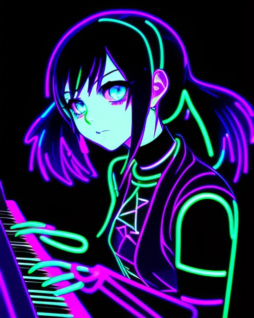 Black light poster glowing neon Emo hot topic Spencer's gifts cute goth waifu anime girl with a keyboard piano 🎹🎹🎹🎹, anime character, detailed, vibrant, anime face, sharp focus, character design, wlop, artgerm, kuvshinov, character design, unreal engine, anime, anime character, kawaii, fan art, concept art, glowing neon, glowing neon, psychedelic, psychedelic, radiant, synesthesia, iridescent, iridescent, pastels, black light poster