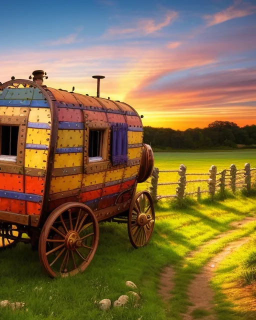 A colorful gypsy steampunk wagon a - AI Photo Generator - starryai