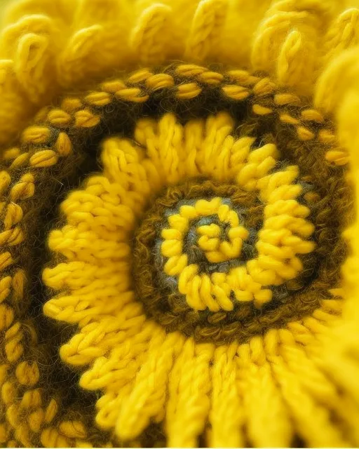 Detailed image fluffy knitted crochet sunflower design fantasy HD 3D colorful reds blues yellows pinks purples greens burgundy jewel tones