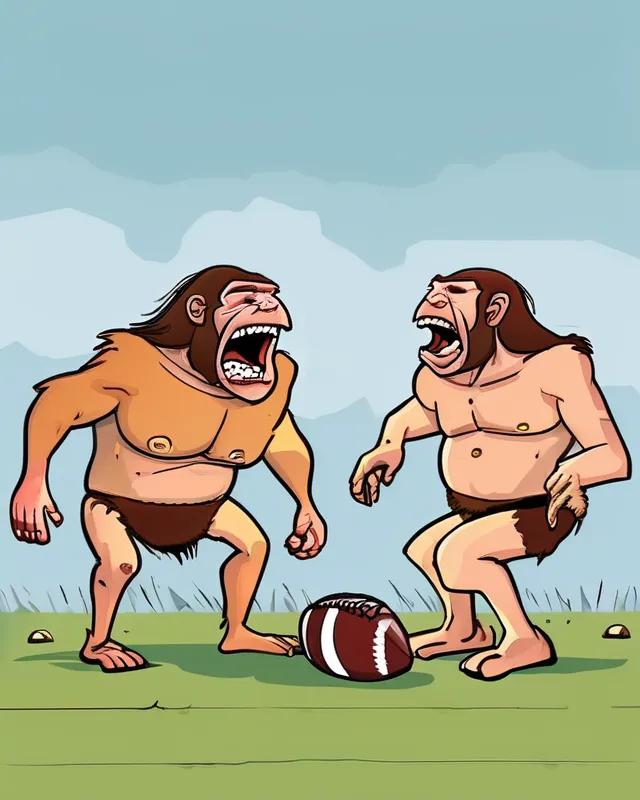 Stupid drooling Neanderthals playing, American football, cartoon,