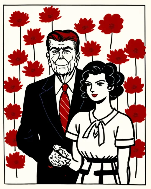 Ronald Reagan playing with a Vectrex large-chested, young woman in theMorena Baccarin) with a (wiggly nose), (full red lips), (leafy hair), and (pale skin) in a (vintage aesthetic), standing in a ( abstract flowers field). Emphasize (realistic), (detailed), and (soft) elements, drawing inspiration from the styles of both shintaro kago anddrawn face, Disfigured, Out of frame, Poorly drawn hands.