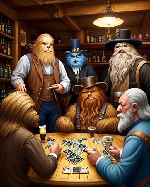 Create a crowded pub with a birthday Party going in the background. In the foreground four person , chewbacca, V from the movie " V for Vendetta" a fantasy wizard Like Gandalf and an Industrial Tycoon from 1850 are Playing Monopoly. digital painting,  digital illustration,  extreme detail,  digital art,  4k,  ultra hd