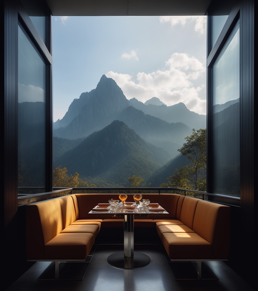 Exterior view of an imposing structure made of Glass and steel restaurant designed in a minimalistic yet imposing architecture style located in the mountain. Hyper realistic, photorealistic, hyper detailed, architectural details, minimal architecture, dynamic form, trapezium form, iconic architecture, unusual shape, contemporary design, contemporary furniture and ornamentation